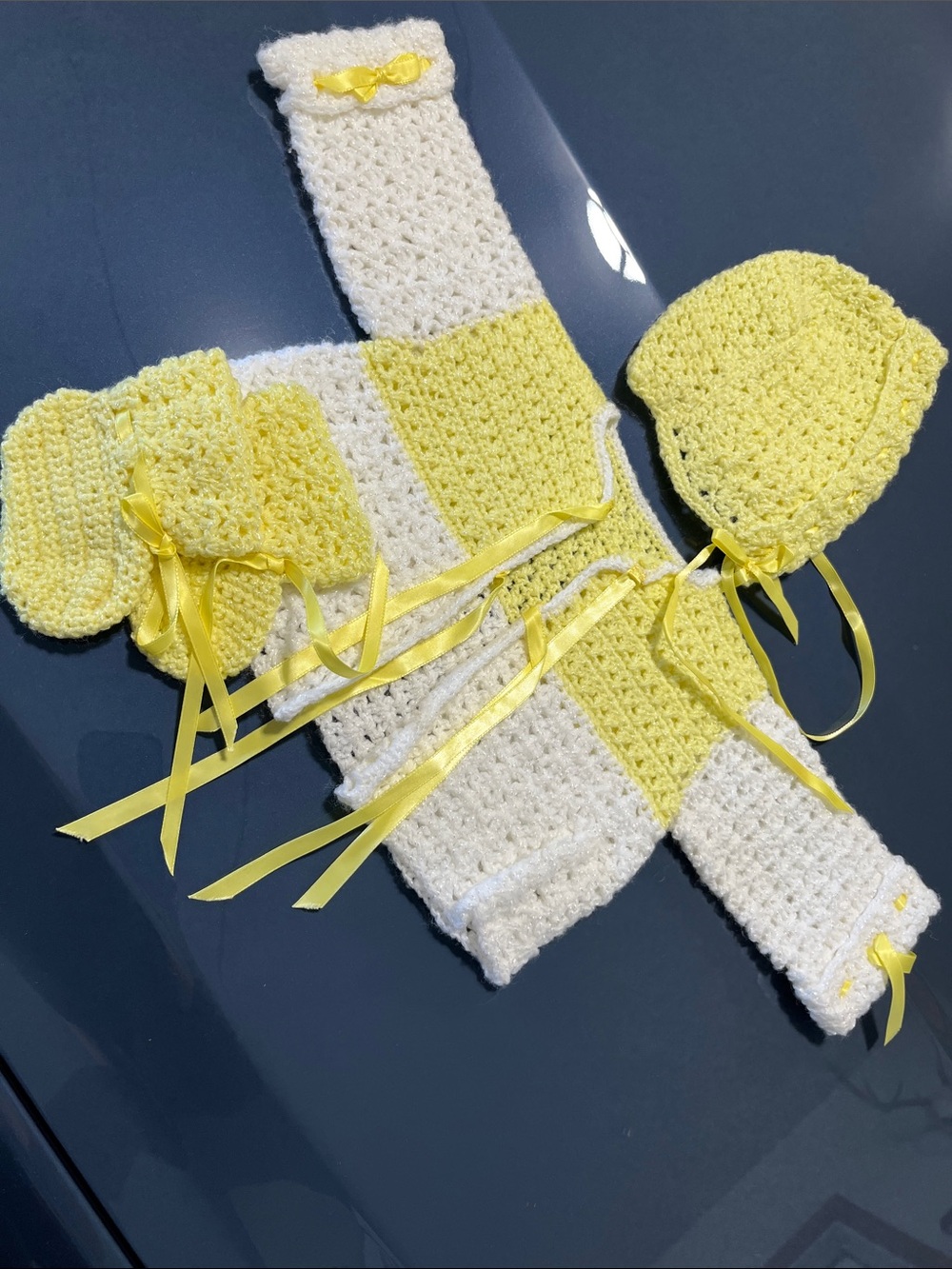 Vintage 1980 Handmade Yellow & White Crochet Baby Hat, Sweater, and Booties Set